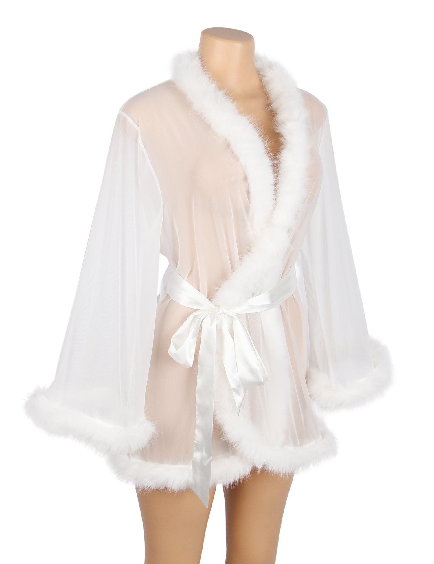 White Mesh & Mink Fur Trim Short Robe – Long Sleeves & Satin Belt - TeaseFashion