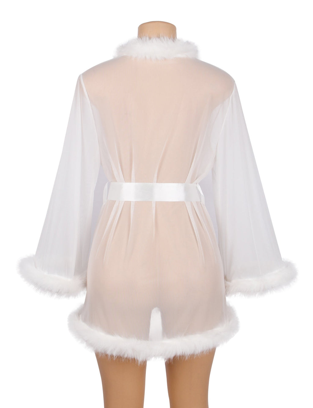 White Mesh & Mink Fur Trim Short Robe – Long Sleeves & Satin Belt - TeaseFashion