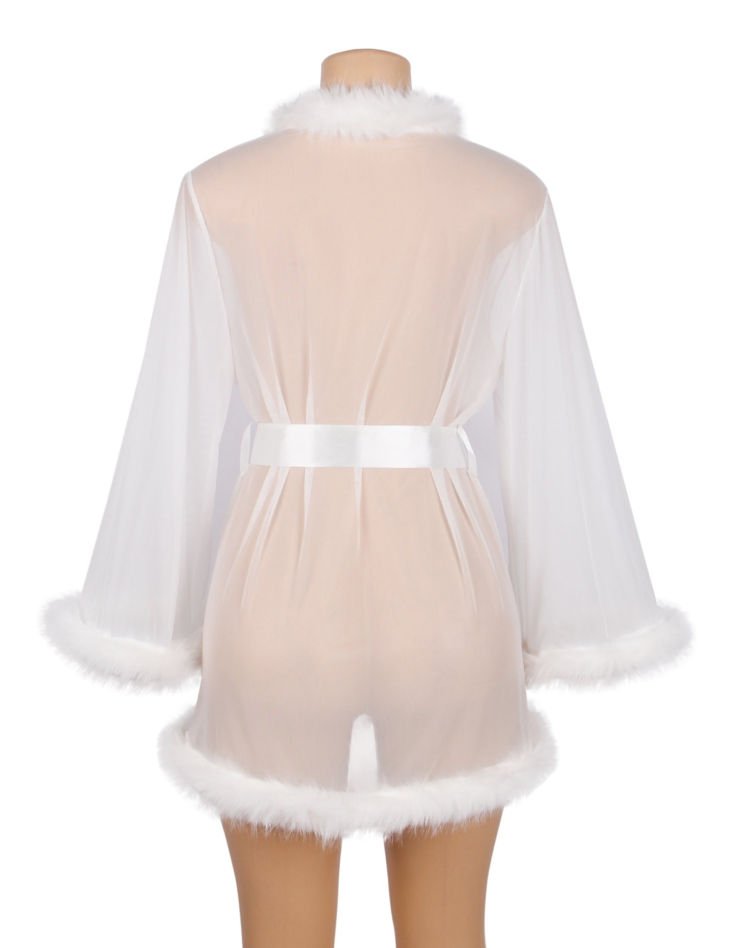 White Mesh & Mink Fur Trim Short Robe – Long Sleeves & Satin Belt - TeaseFashion