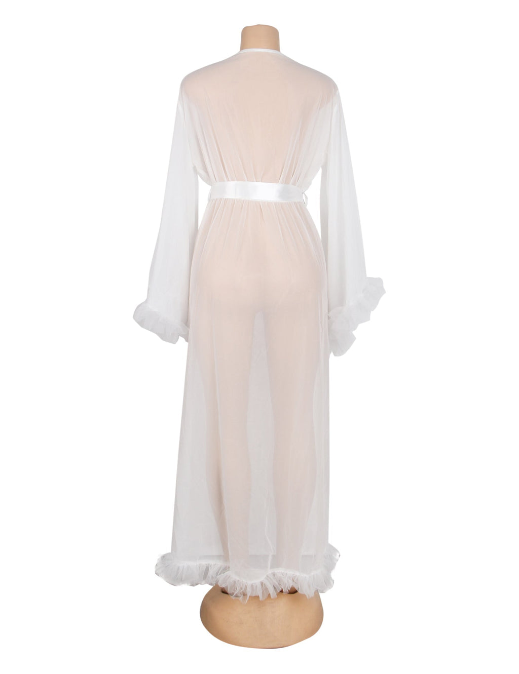White Mesh Robe – 3D Ruffle Cuffs & Hem, Flared Sleeves, Ankle - Length & Silk Belt - TeaseFashion