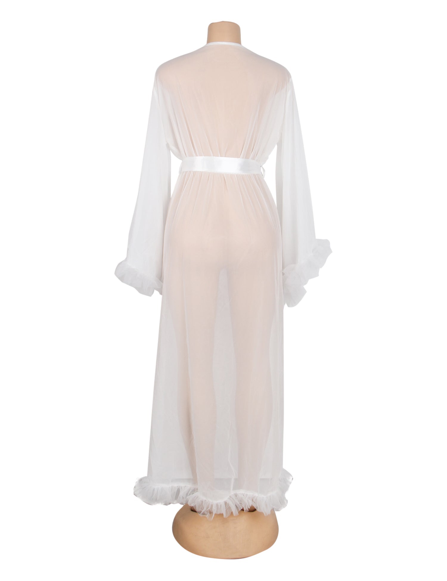 White Mesh Robe – 3D Ruffle Cuffs & Hem, Flared Sleeves, Ankle - Length & Silk Belt - TeaseFashion