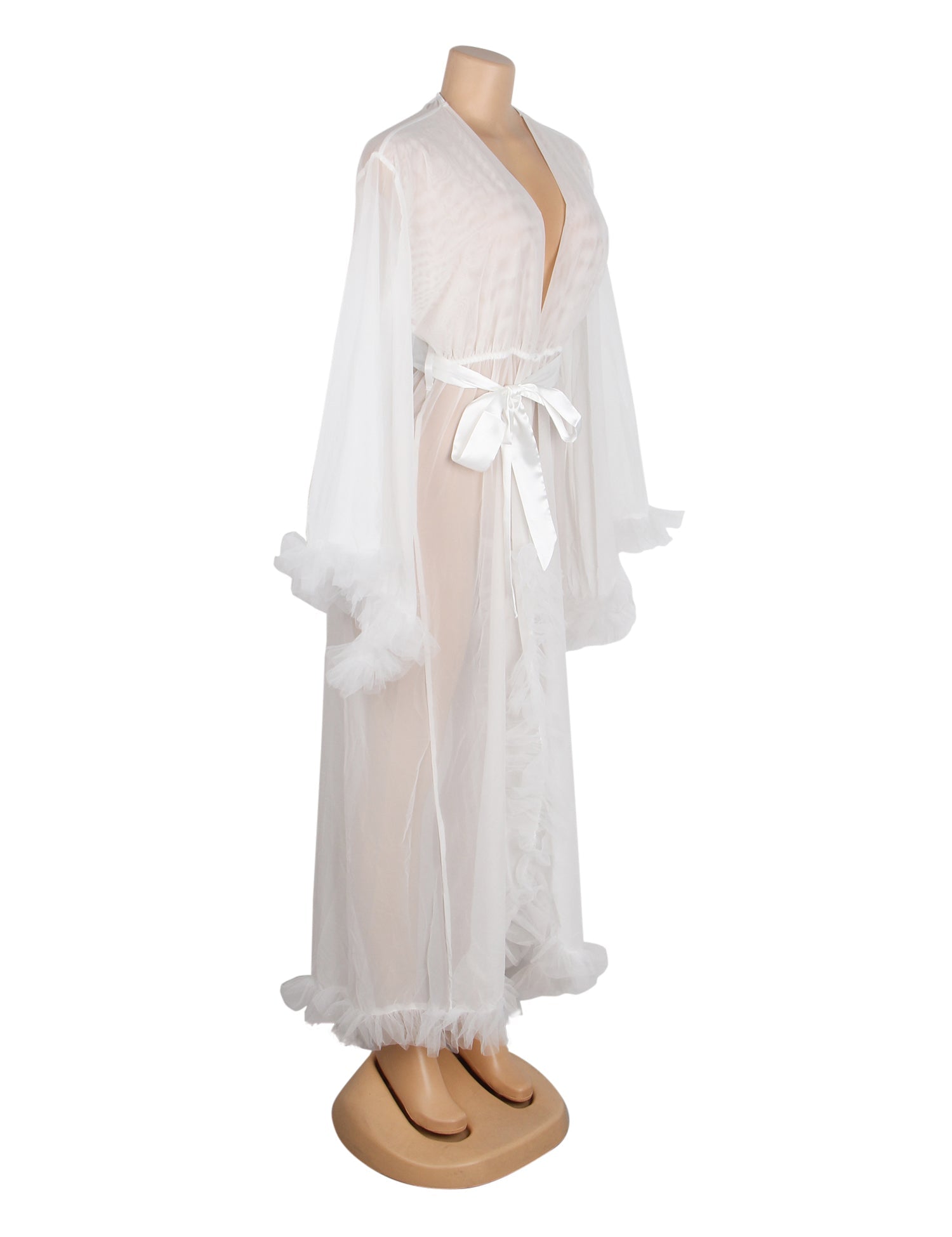 White Mesh Robe – 3D Ruffle Cuffs & Hem, Flared Sleeves, Ankle - Length & Silk Belt - TeaseFashion