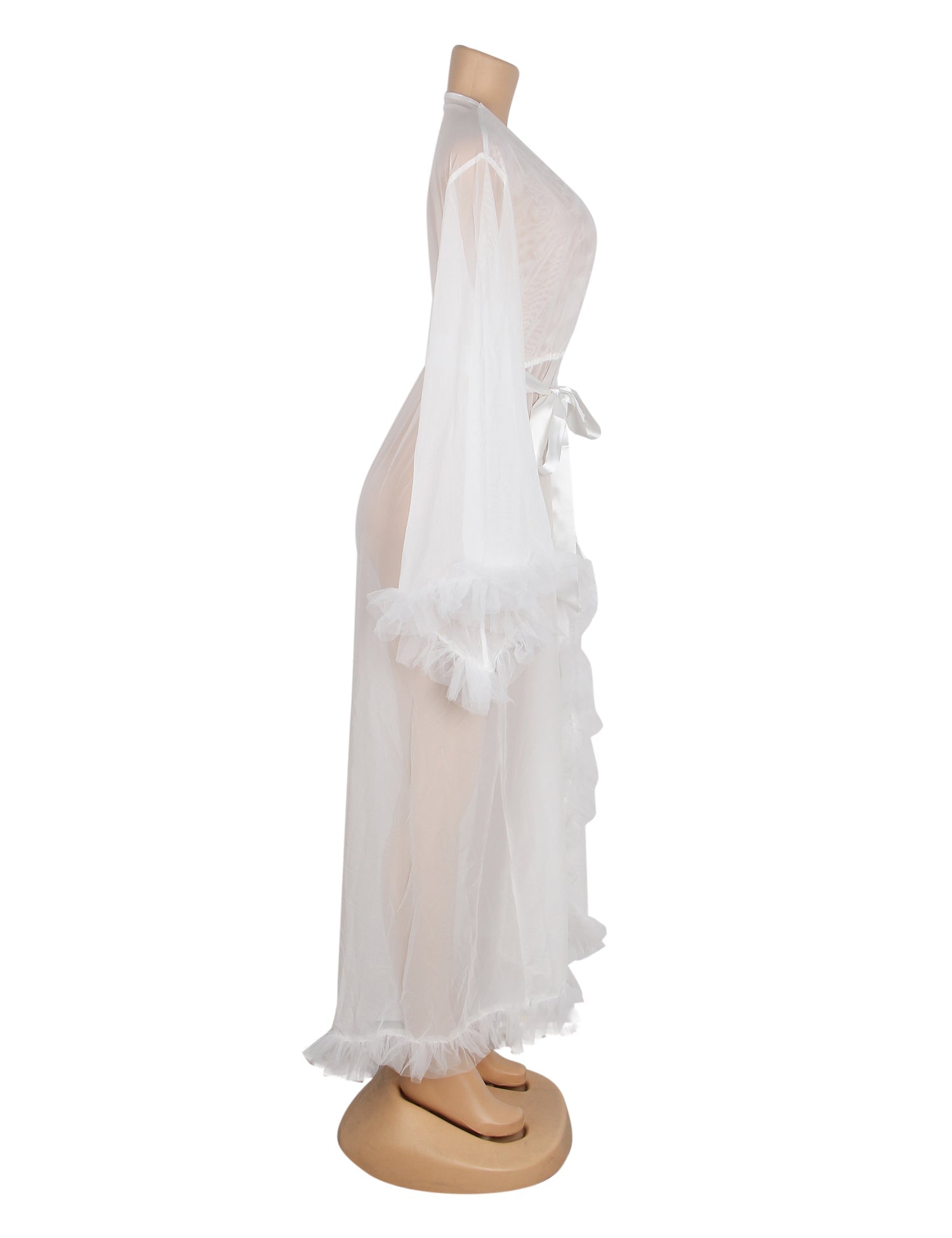 White Mesh Robe – 3D Ruffle Cuffs & Hem, Flared Sleeves, Ankle - Length & Silk Belt - TeaseFashion
