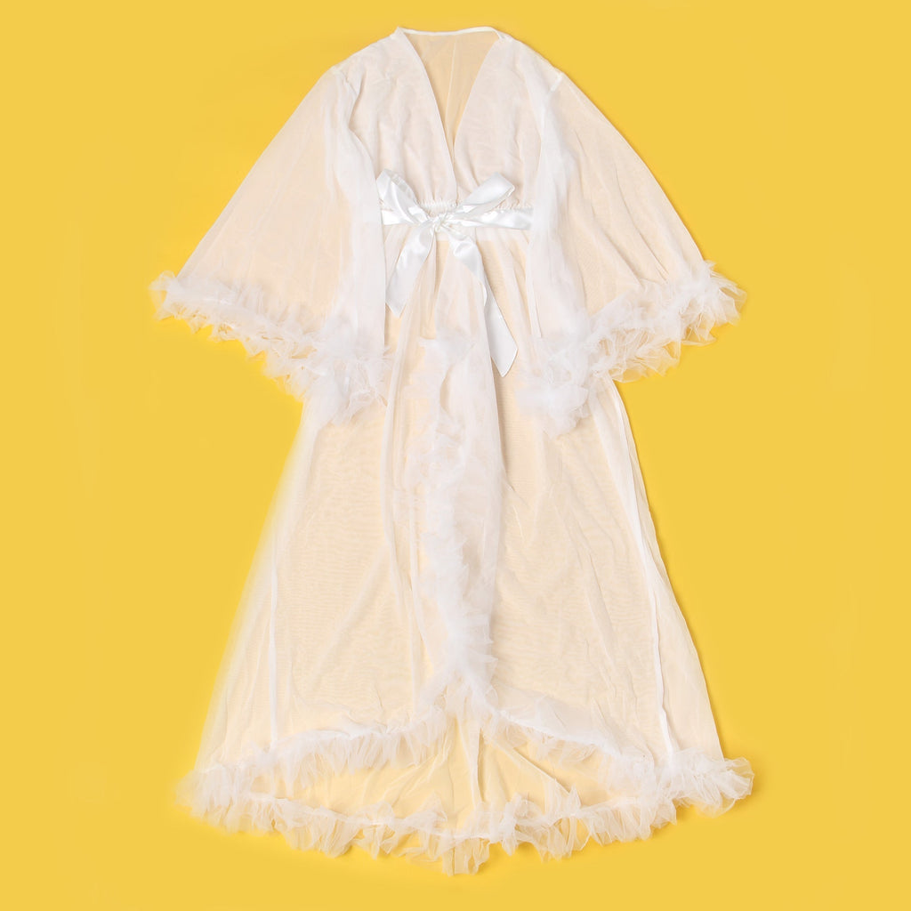 White Mesh Robe – 3D Ruffle Cuffs & Hem, Flared Sleeves, Ankle - Length & Silk Belt - TeaseFashion