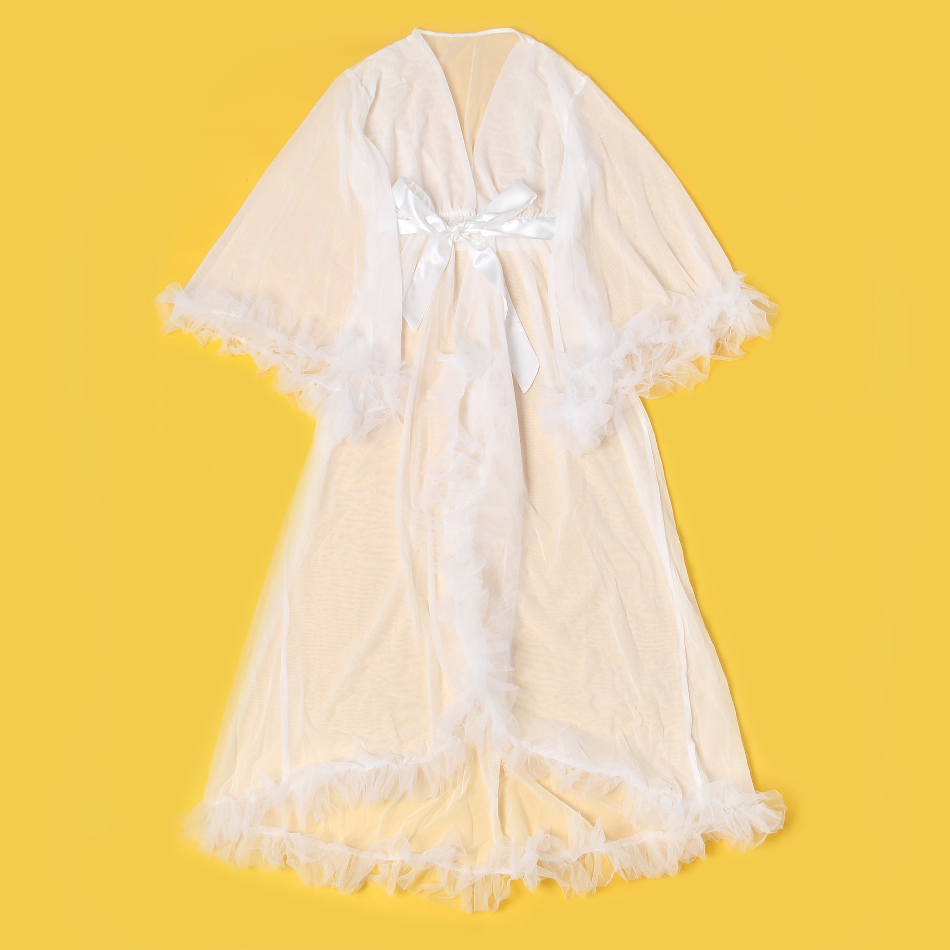White Mesh Robe – 3D Ruffle Cuffs & Hem, Flared Sleeves, Ankle - Length & Silk Belt - TeaseFashion