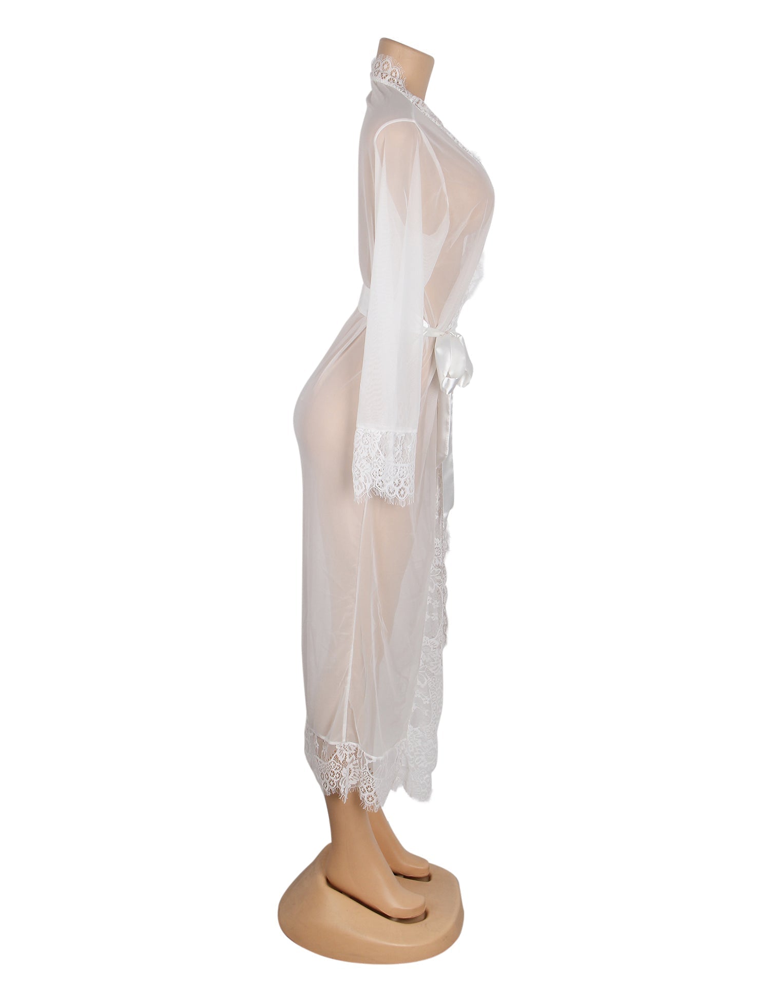 White Mesh Robe – Eyelash Lace at Bust, Waist & Hem, Open Front & Adjustable Belt - TeaseFashion