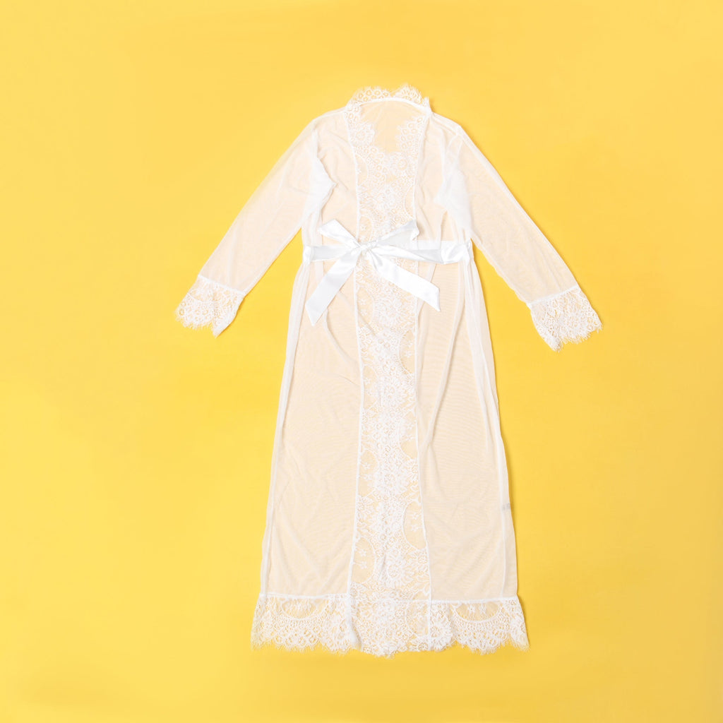 White Mesh Robe – Eyelash Lace at Bust, Waist & Hem, Open Front & Adjustable Belt - TeaseFashion