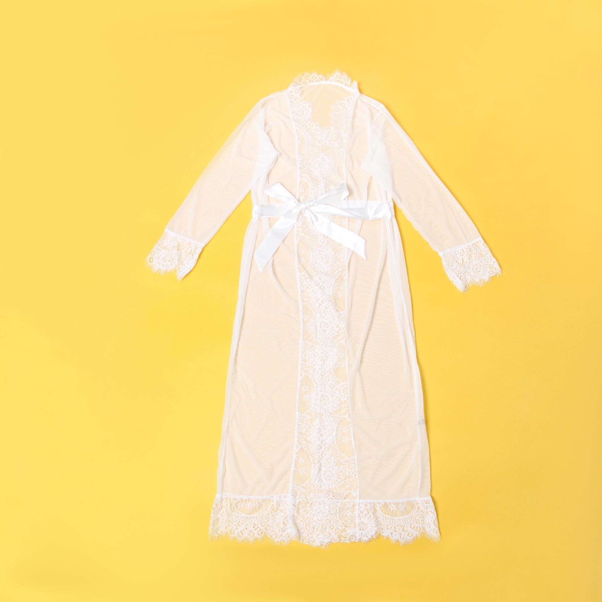 White Mesh Robe – Eyelash Lace at Bust, Waist & Hem, Open Front & Adjustable Belt - TeaseFashion