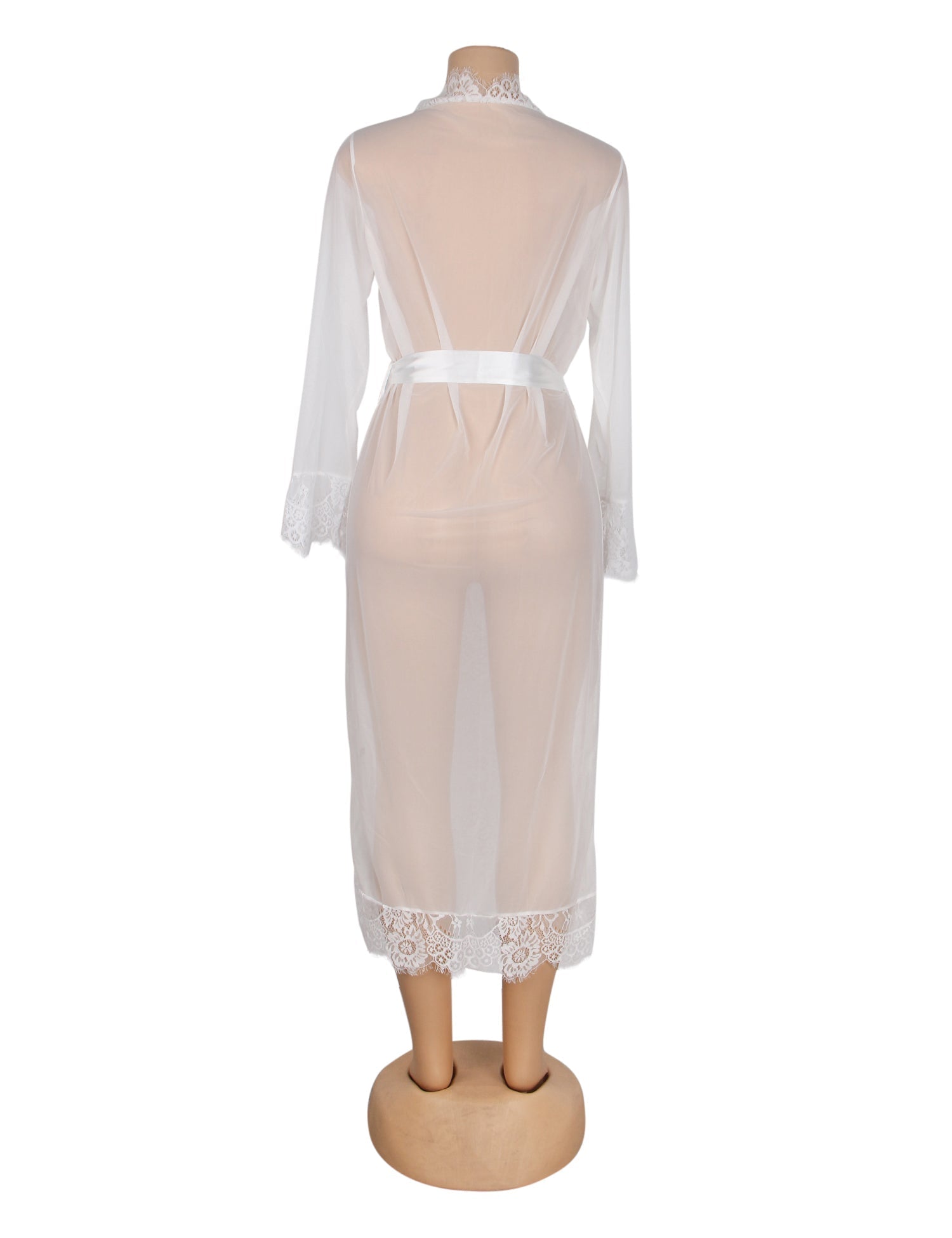 White Mesh Robe – Eyelash Lace at Bust, Waist & Hem, Open Front & Adjustable Belt - TeaseFashion