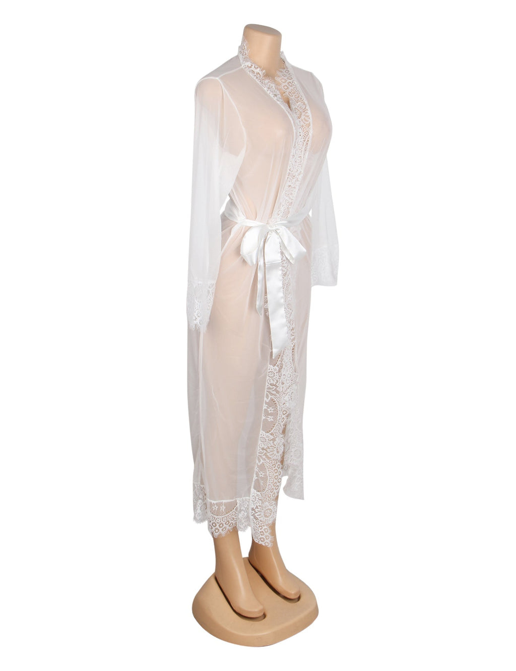 White Mesh Robe – Eyelash Lace at Bust, Waist & Hem, Open Front & Adjustable Belt - TeaseFashion