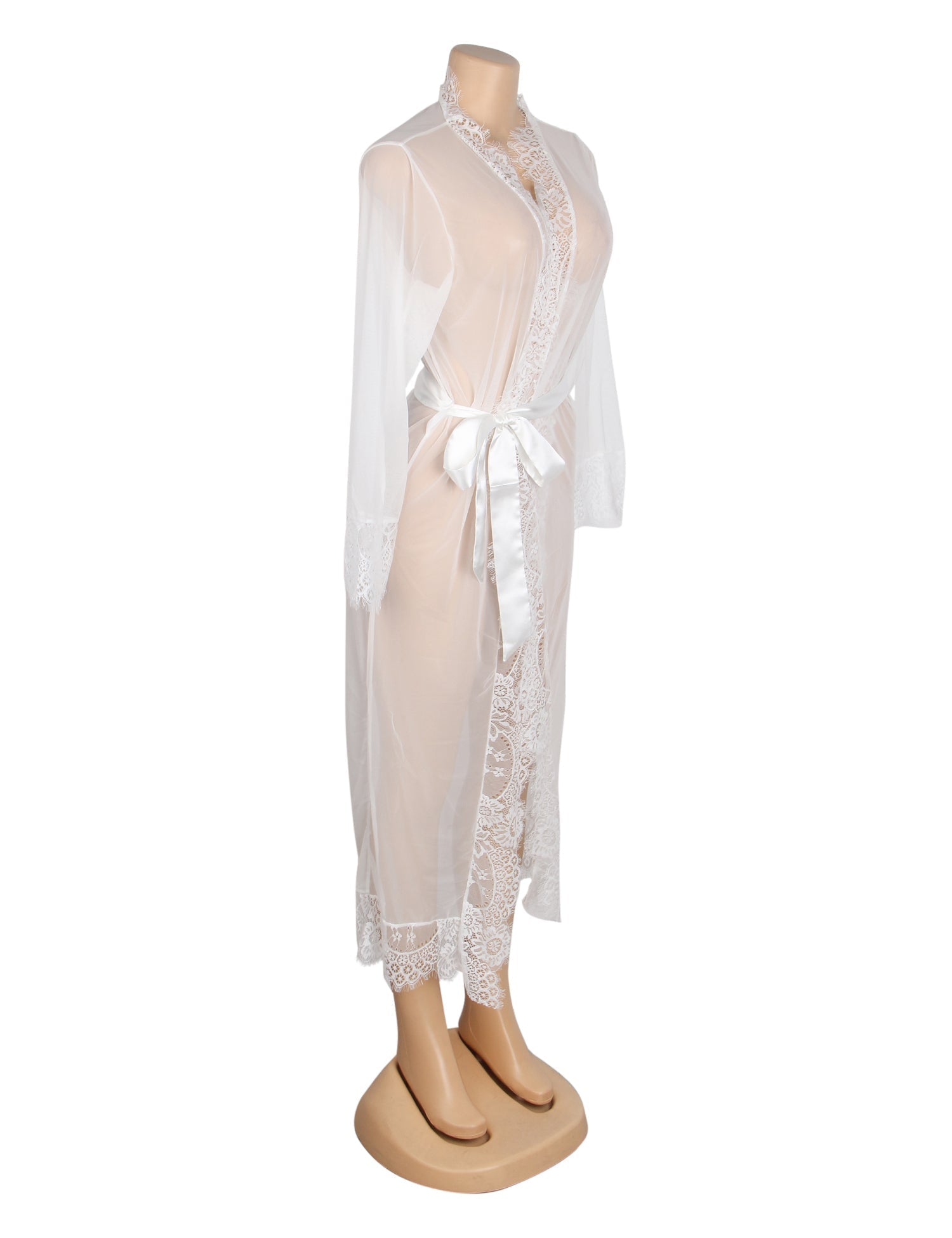 White Mesh Robe – Eyelash Lace at Bust, Waist & Hem, Open Front & Adjustable Belt - TeaseFashion