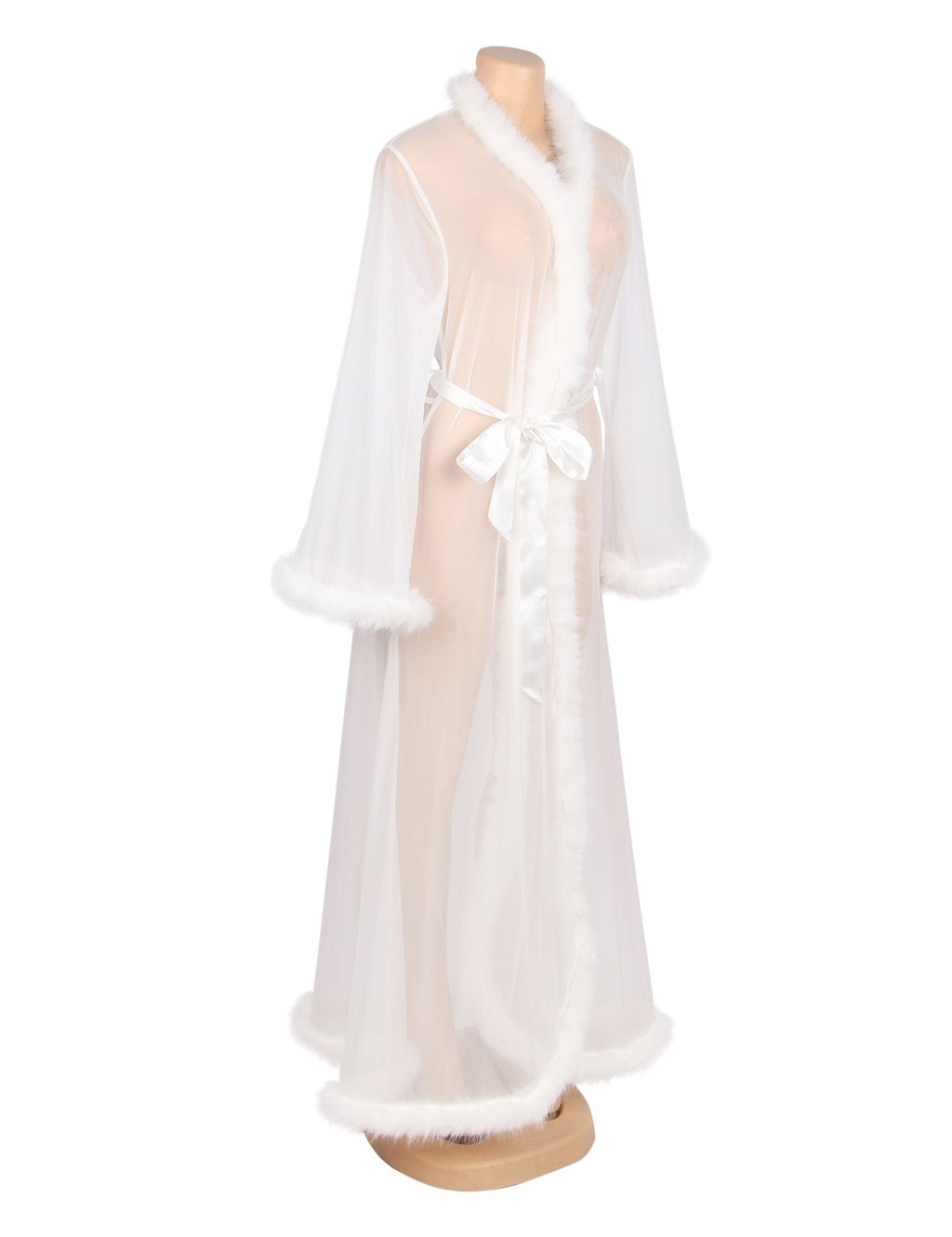 White Mesh Robe – Faux Mink Fur Trim, Long Sleeve, Floor - Length & Silk Belt - TeaseFashion