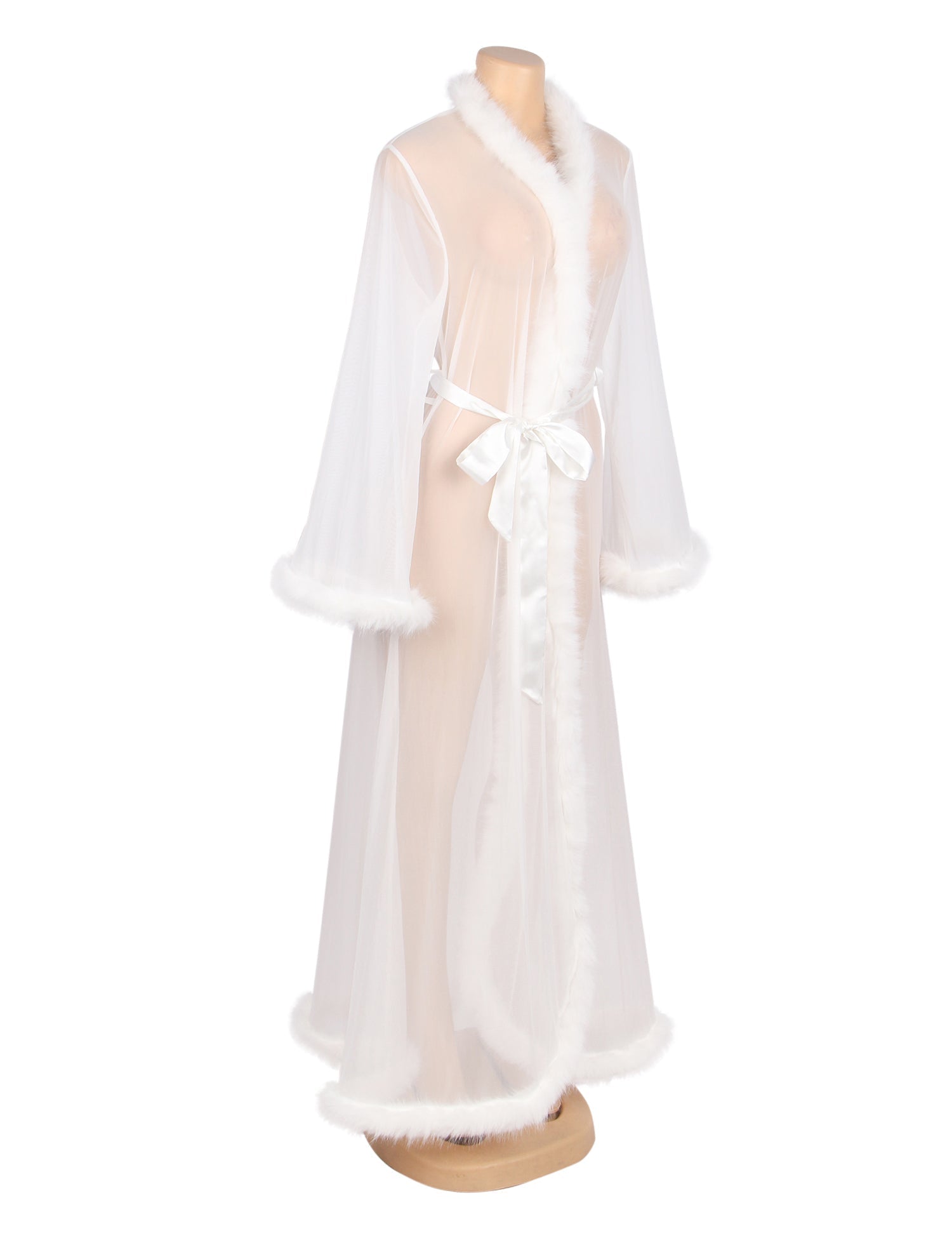 White Mesh Robe – Faux Mink Fur Trim, Long Sleeve, Floor - Length & Silk Belt - TeaseFashion