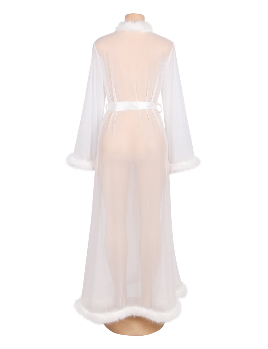 White Mesh Robe – Faux Mink Fur Trim, Long Sleeve, Floor - Length & Silk Belt - TeaseFashion