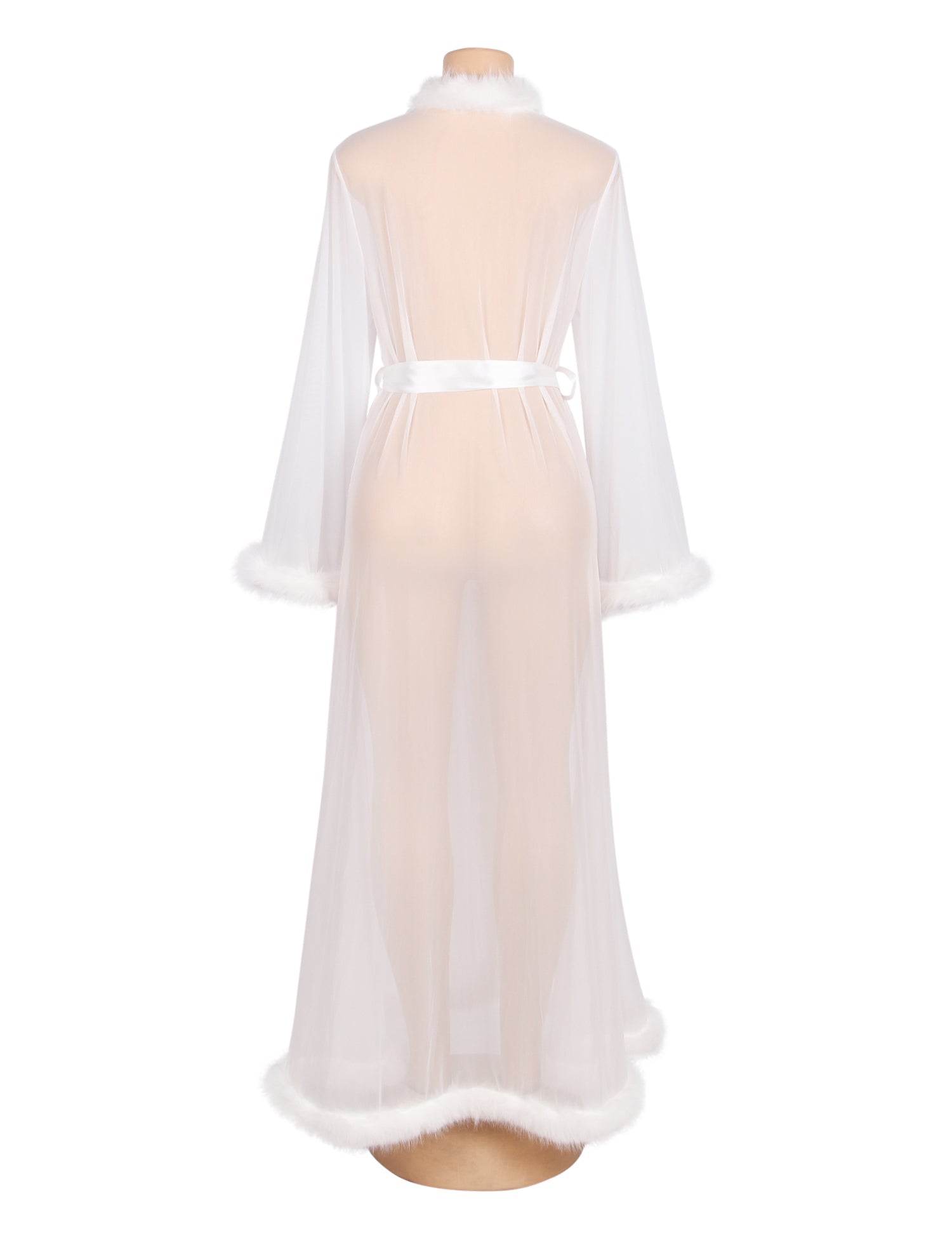 White Mesh Robe – Faux Mink Fur Trim, Long Sleeve, Floor - Length & Silk Belt - TeaseFashion