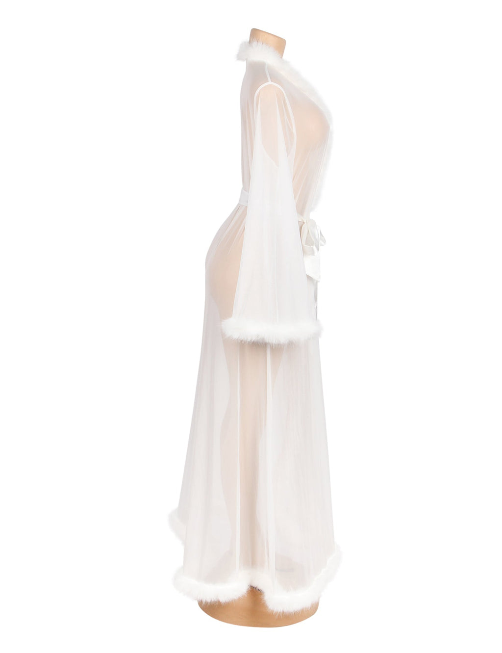 White Mesh Robe – Faux Mink Fur Trim, Long Sleeve, Floor - Length & Silk Belt - TeaseFashion