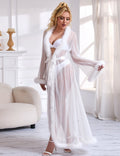 White Mesh Robe – Faux Mink Fur Trim, Long Sleeve, Floor - Length & Silk Belt - TeaseFashion