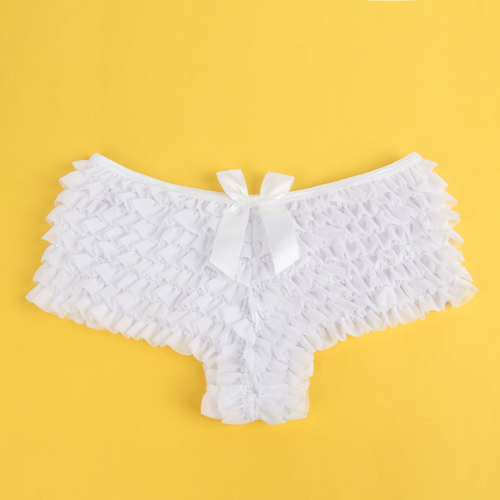 White Mesh Ruffle Brief with Bow Detail & Swim - Fabric Lining - TeaseFashion
