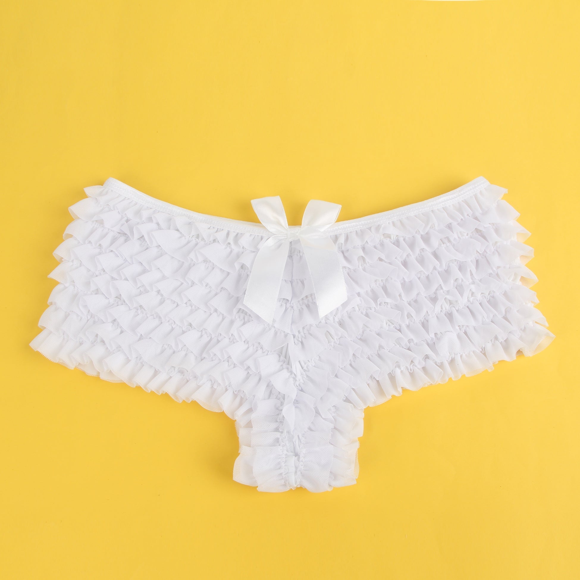 White Mesh Ruffle Brief with Bow Detail & Swim - Fabric Lining - TeaseFashion