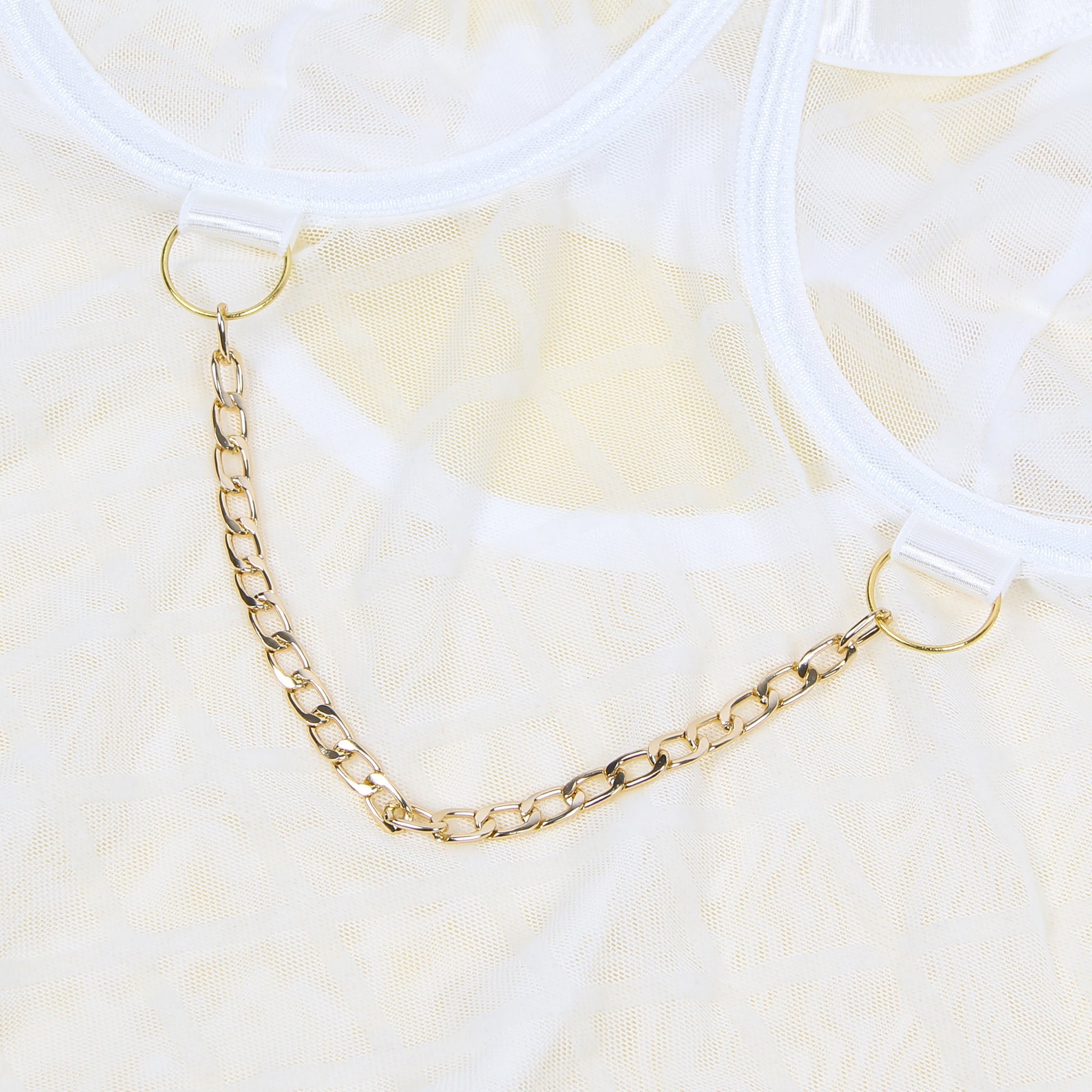 White Mesh & Velvet Bodysuit with Chain Detail & Garter - TeaseFashion