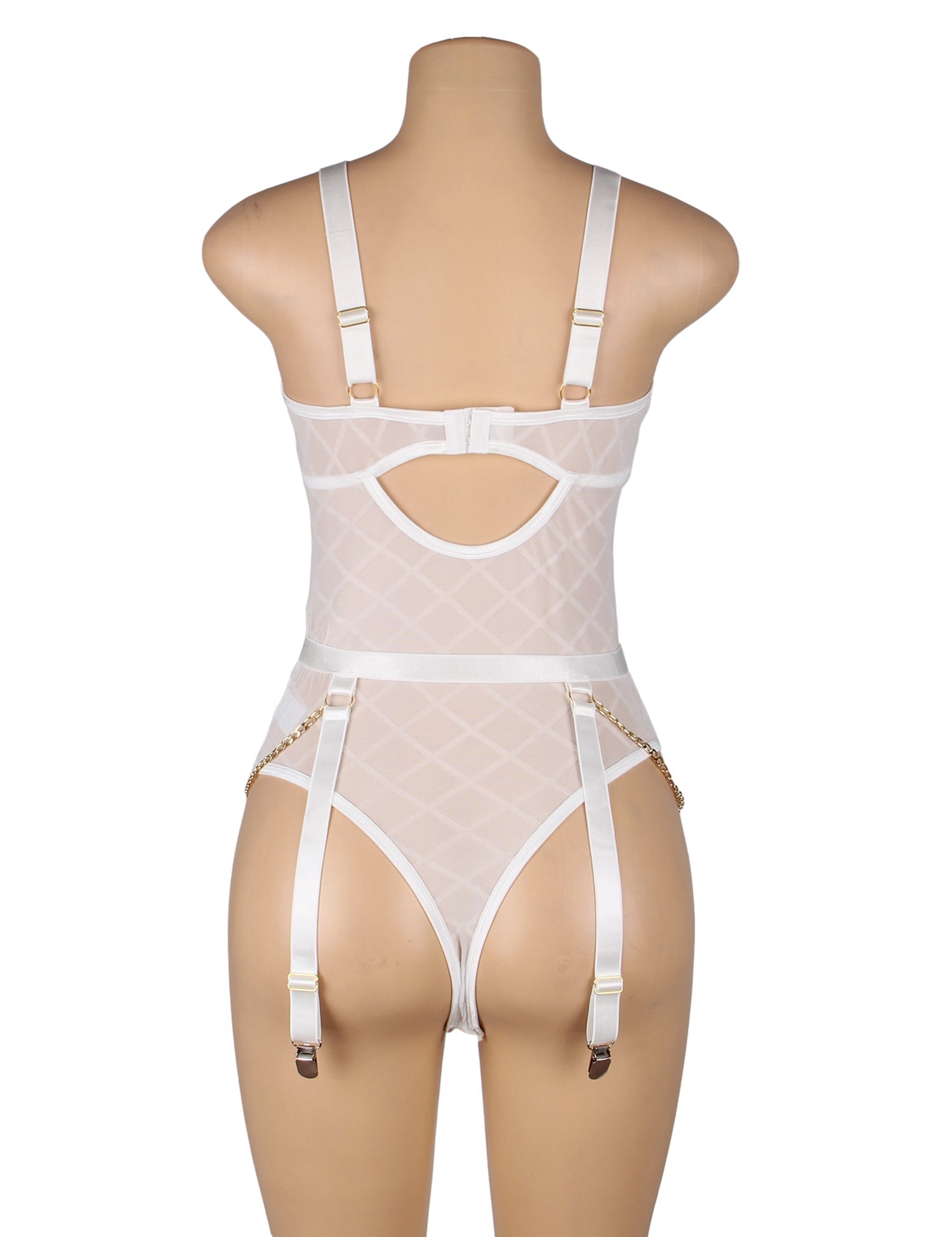 White Mesh & Velvet Bodysuit with Chain Detail & Garter - TeaseFashion