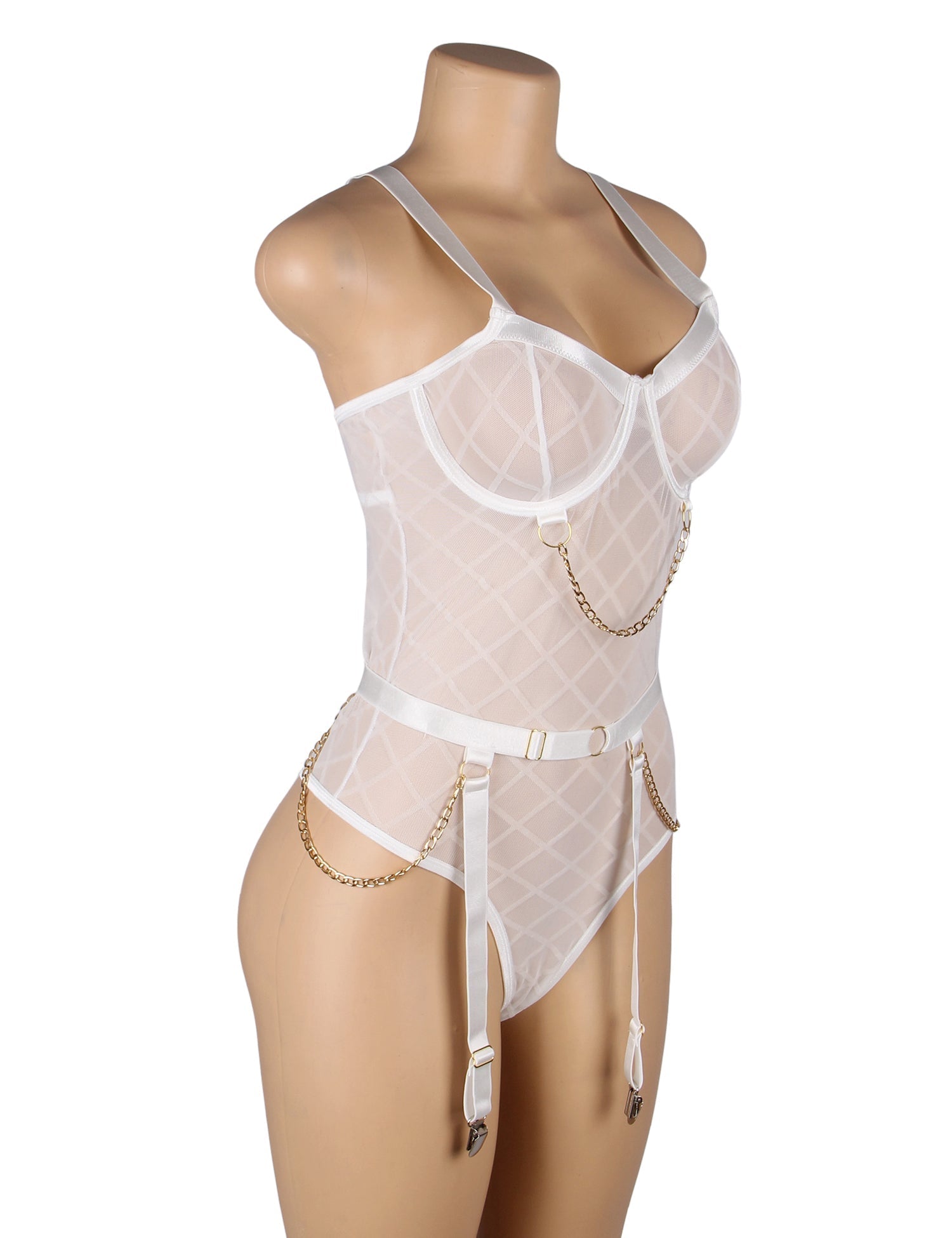 White Mesh & Velvet Bodysuit with Chain Detail & Garter - TeaseFashion