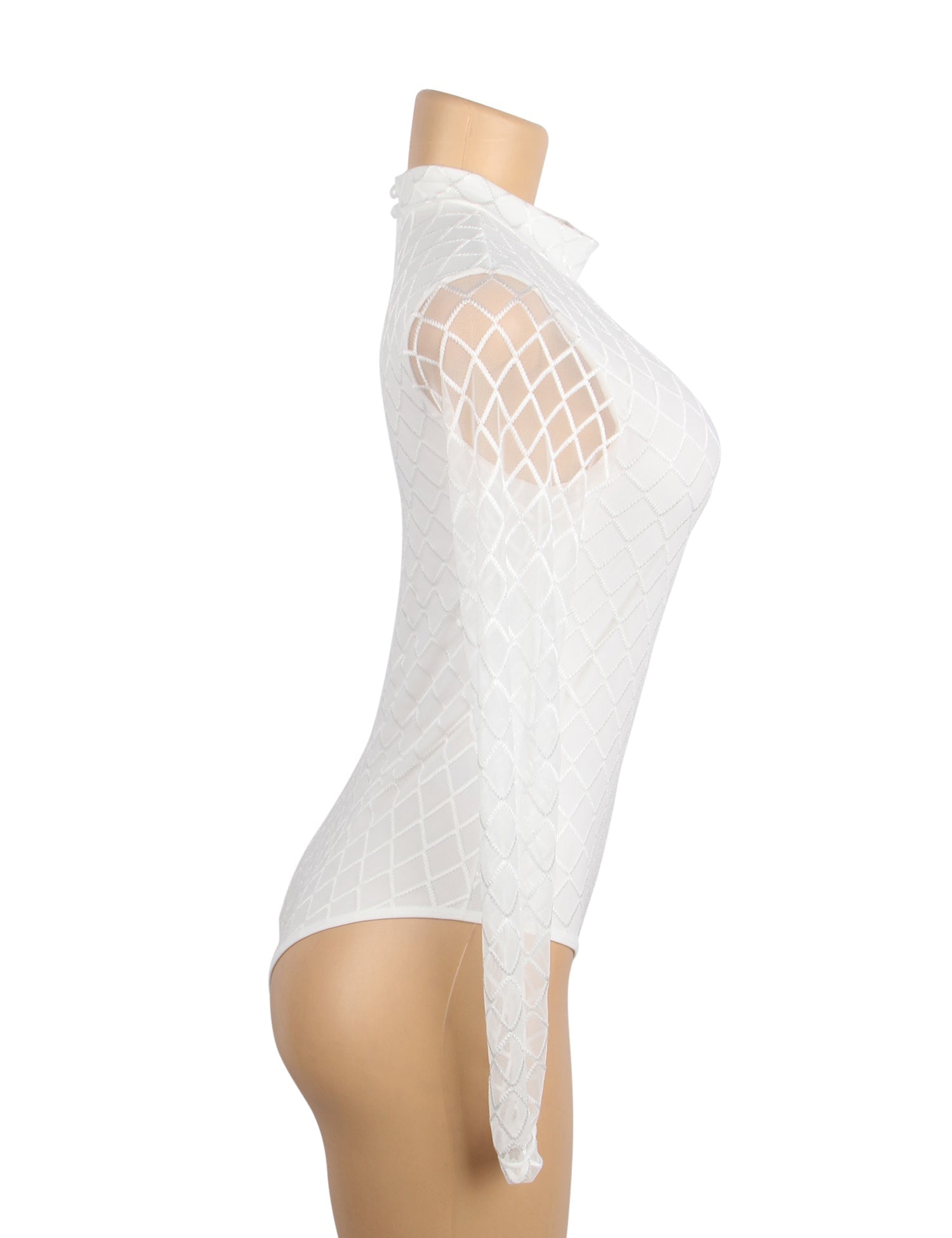 White Mid - High Neck Bodysuit – Diamond Mesh, Hollow Back & Round Button Splice - TeaseFashion