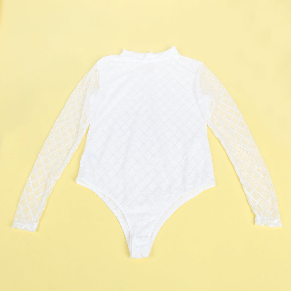 White Mid - High Neck Bodysuit – Diamond Mesh, Hollow Back & Round Button Splice - TeaseFashion