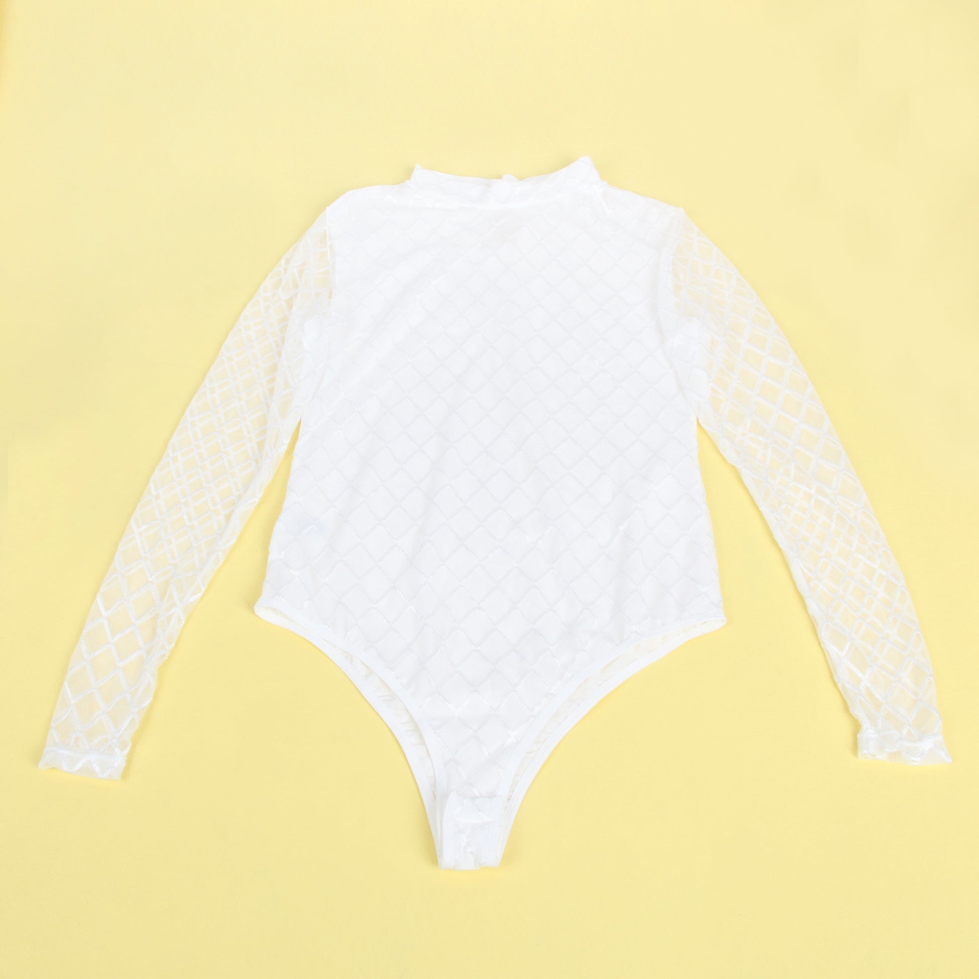 White Mid - High Neck Bodysuit – Diamond Mesh, Hollow Back & Round Button Splice - TeaseFashion