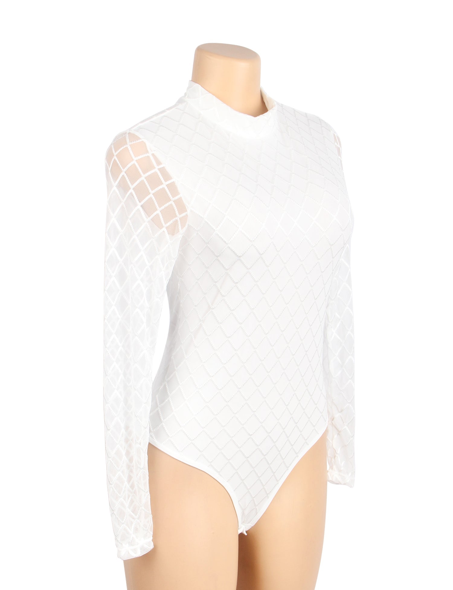 White Mid - High Neck Bodysuit – Diamond Mesh, Hollow Back & Round Button Splice - TeaseFashion