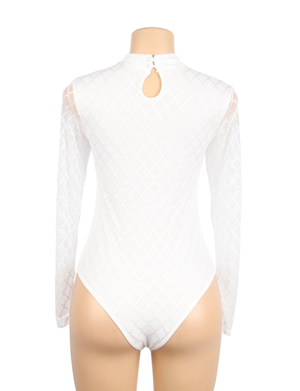 White Mid - High Neck Bodysuit – Diamond Mesh, Hollow Back & Round Button Splice - TeaseFashion