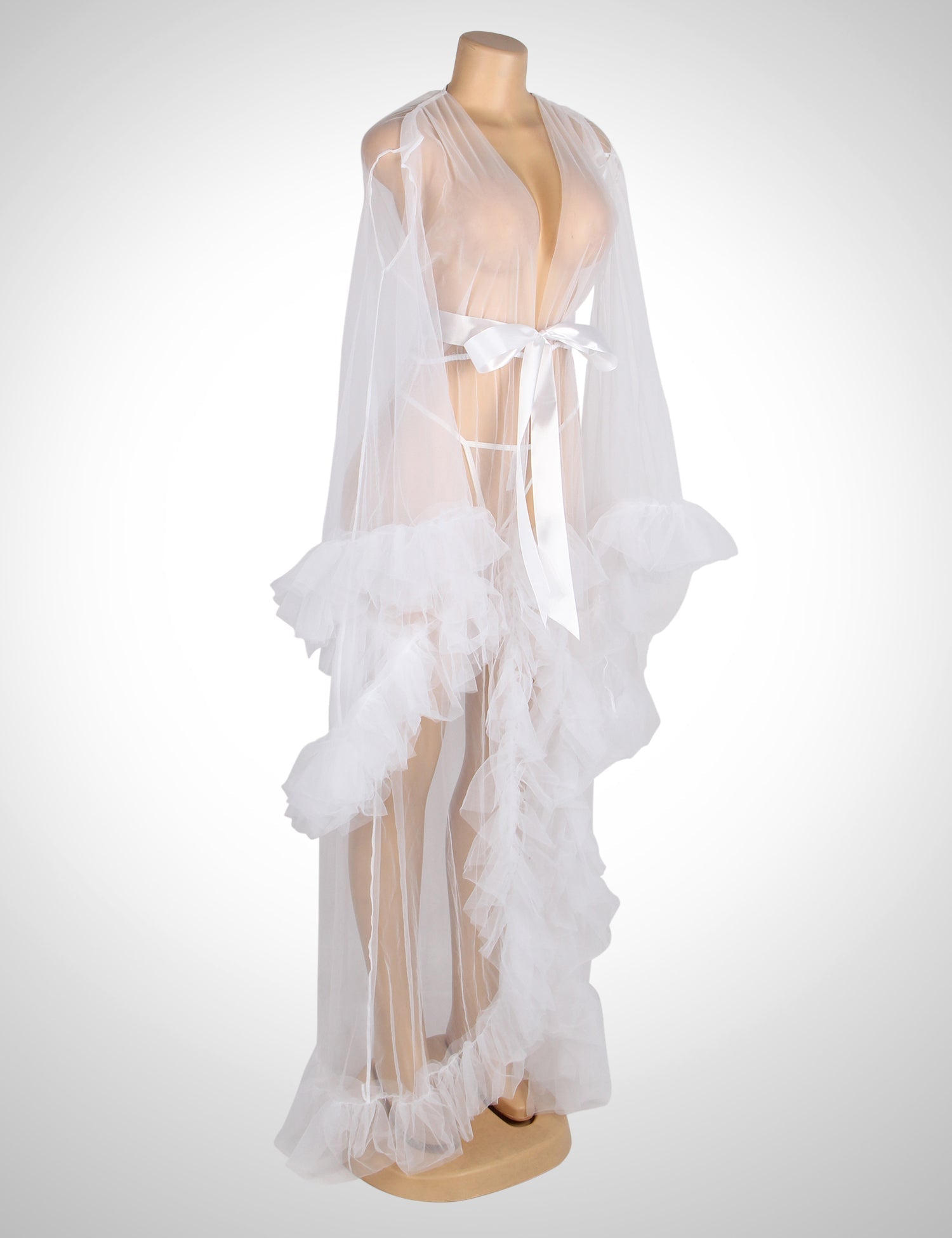 White Milan Mesh Robe – Ruffled Trumpet Sleeves, Lace Trim, Open Front & Belt - TeaseFashion