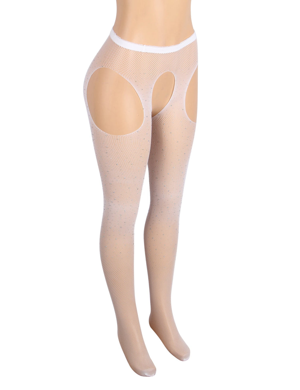 White Nylon Spandex Rhinestone Pantyhose – Wide Elastic Waistband & Four - Way Open - Crotch Design - TeaseFashion