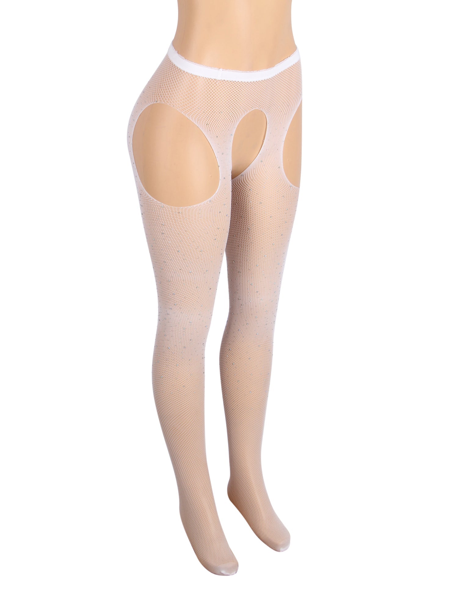 White Nylon Spandex Rhinestone Pantyhose – Wide Elastic Waistband & Four - Way Open - Crotch Design - TeaseFashion