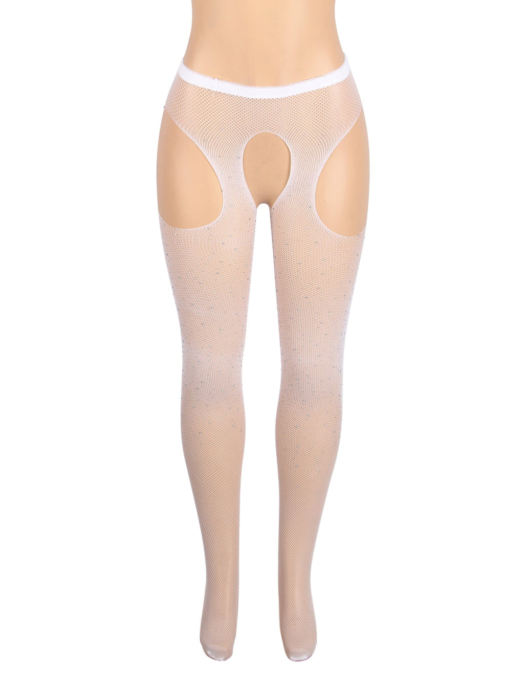 White Nylon Spandex Rhinestone Pantyhose – Wide Elastic Waistband & Four - Way Open - Crotch Design - TeaseFashion