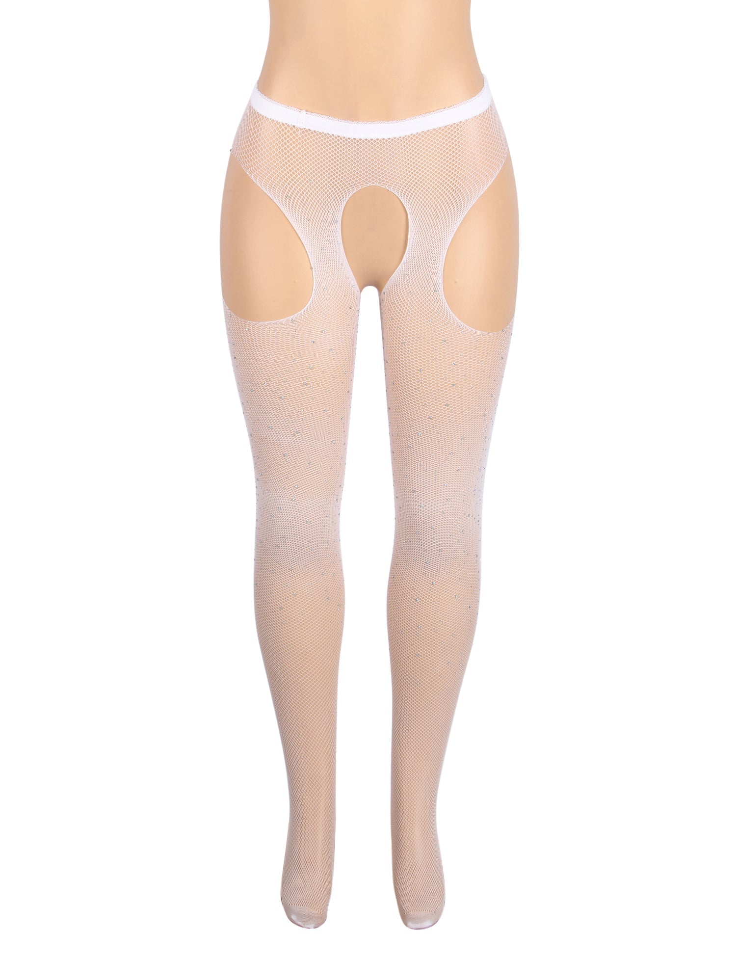 White Nylon Spandex Rhinestone Pantyhose – Wide Elastic Waistband & Four - Way Open - Crotch Design - TeaseFashion