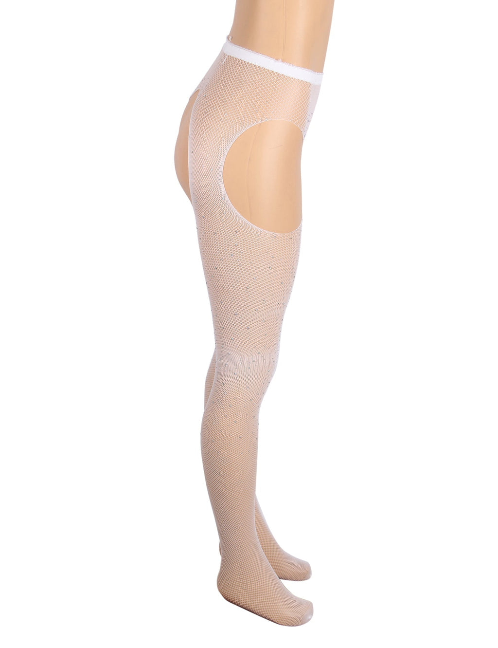 White Nylon Spandex Rhinestone Pantyhose – Wide Elastic Waistband & Four - Way Open - Crotch Design - TeaseFashion
