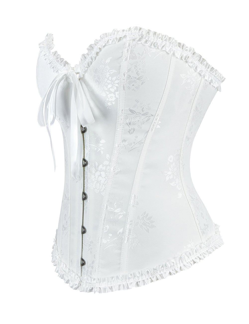 White Printed Corset with Steel Buckle & Ribbon Lacing - TeaseFashion