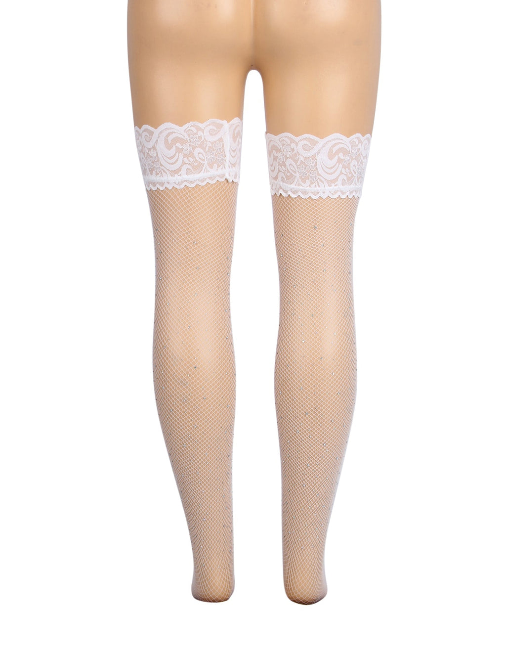 White Rhinestone Fishnet Thigh - High Stockings with Lace Top & Dual Silicone Stay - Up Grip - TeaseFashion