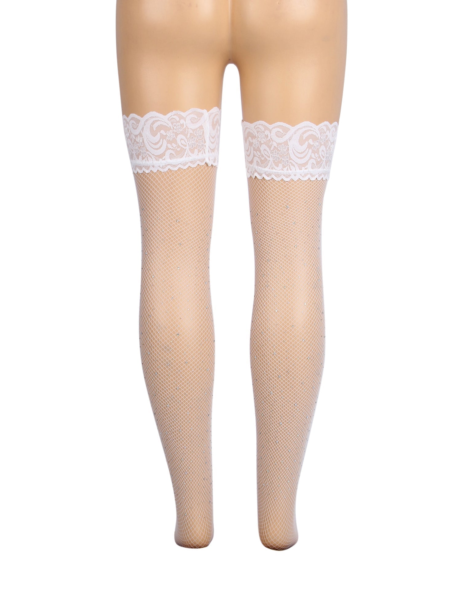White Rhinestone Fishnet Thigh - High Stockings with Lace Top & Dual Silicone Stay - Up Grip - TeaseFashion