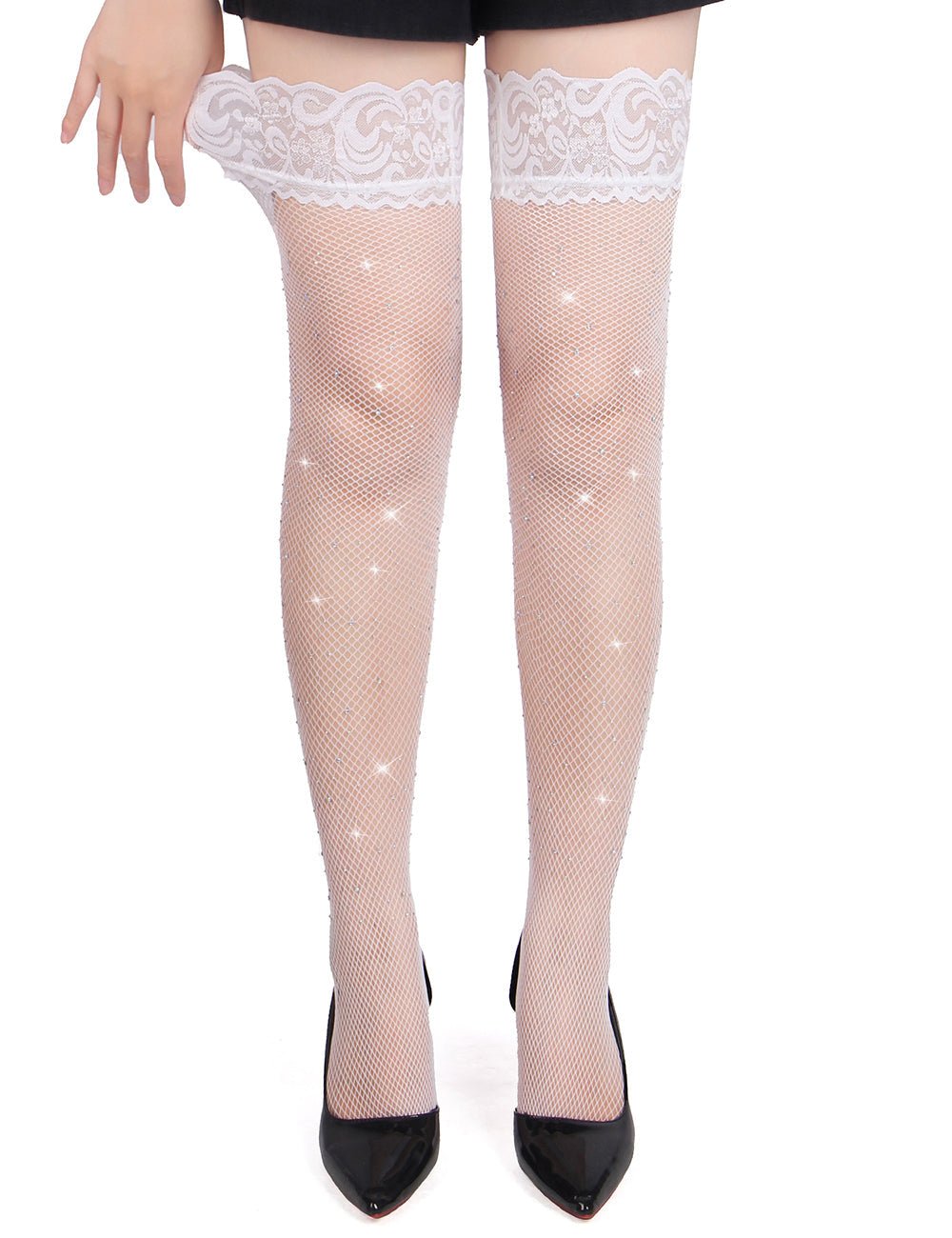 White Rhinestone Fishnet Thigh - High Stockings with Lace Top & Dual Silicone Stay - Up Grip - TeaseFashion