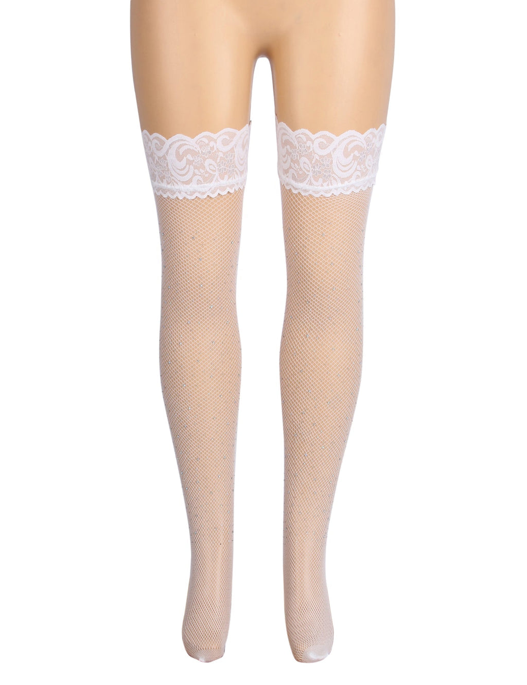 White Rhinestone Fishnet Thigh - High Stockings with Lace Top & Dual Silicone Stay - Up Grip - TeaseFashion