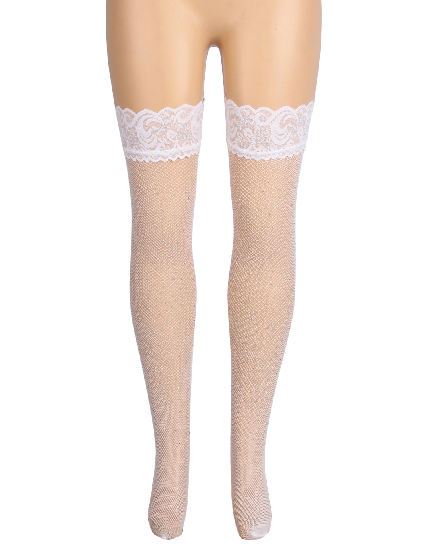 White Rhinestone Fishnet Thigh - High Stockings with Lace Top & Dual Silicone Stay - Up Grip - TeaseFashion