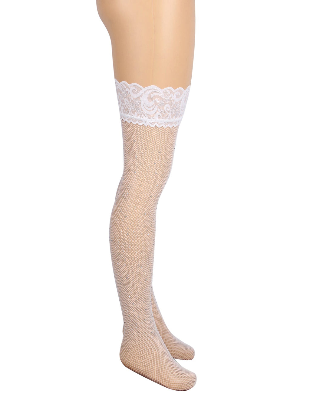 White Rhinestone Fishnet Thigh - High Stockings with Lace Top & Dual Silicone Stay - Up Grip - TeaseFashion