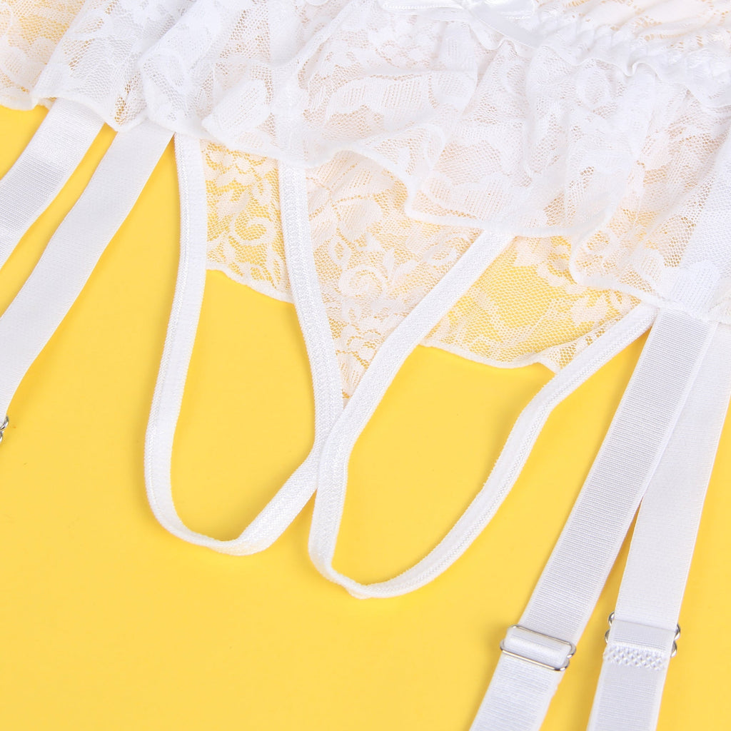White Sexy Lace Garter Panty With Metal Buckles - TeaseFashion
