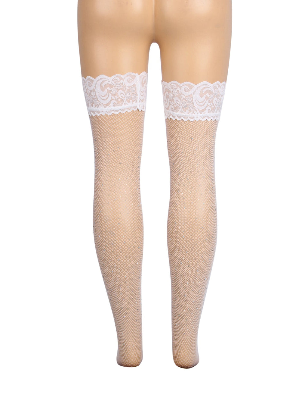 White Sexy Lace Rhinestone Fishnet Stockings With Silicone - TeaseFashion