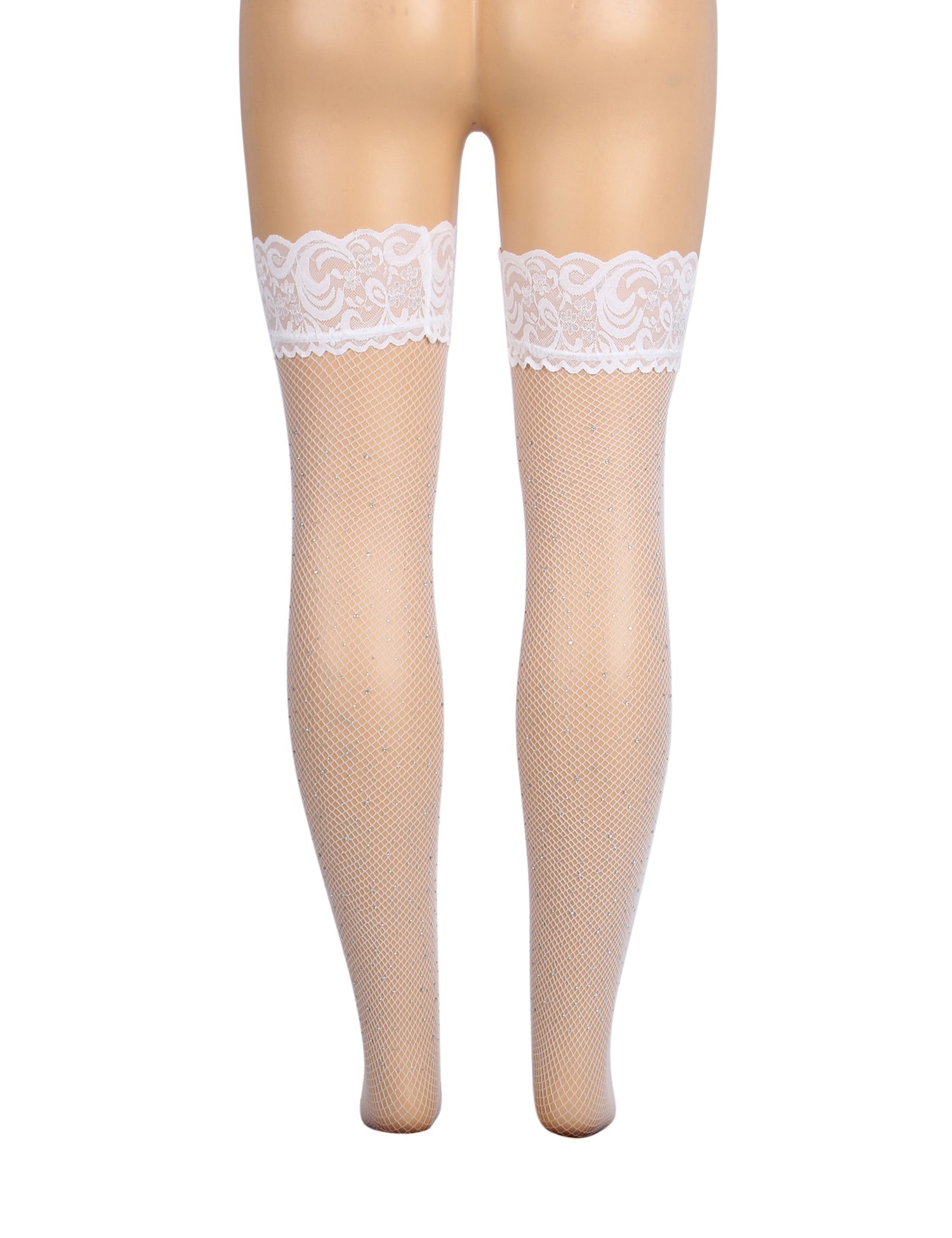 White Sexy Lace Rhinestone Fishnet Stockings With Silicone - TeaseFashion