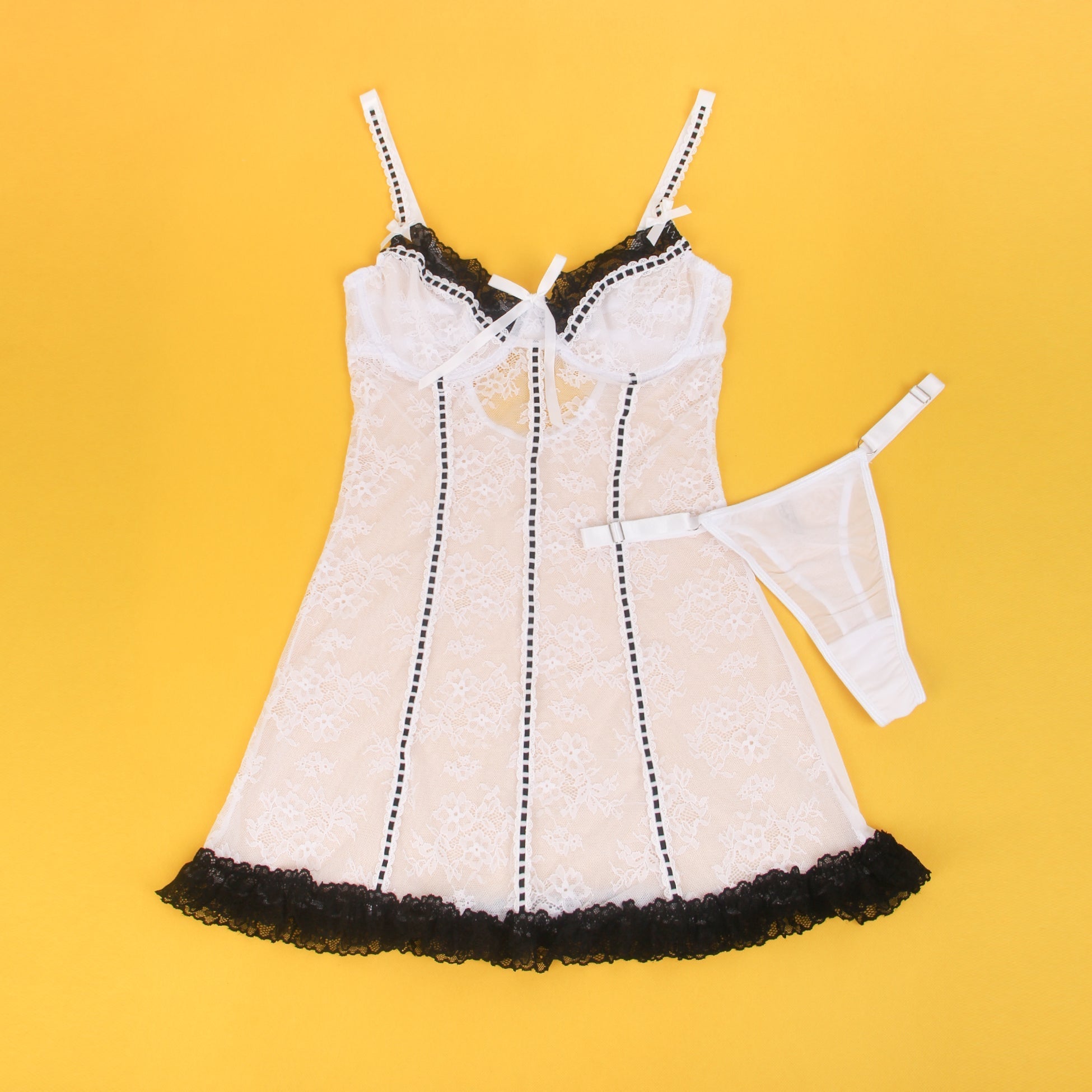 White Sexy Lace Ruffled Suspender Nightdress - TeaseFashion
