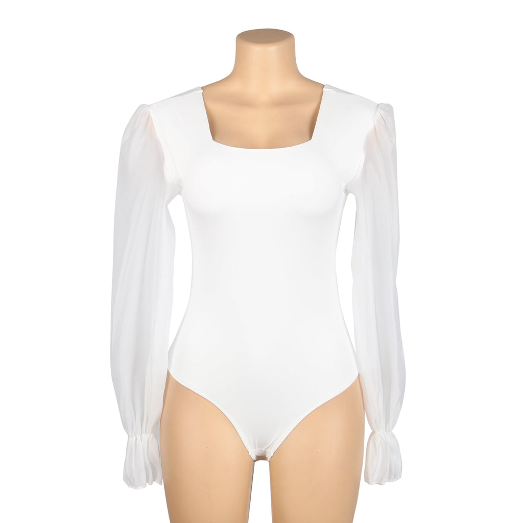 White Sexy Swim Cloth Chiffon Puff Sleeves Square Neck Open Crotch Bodysuit - TeaseFashion