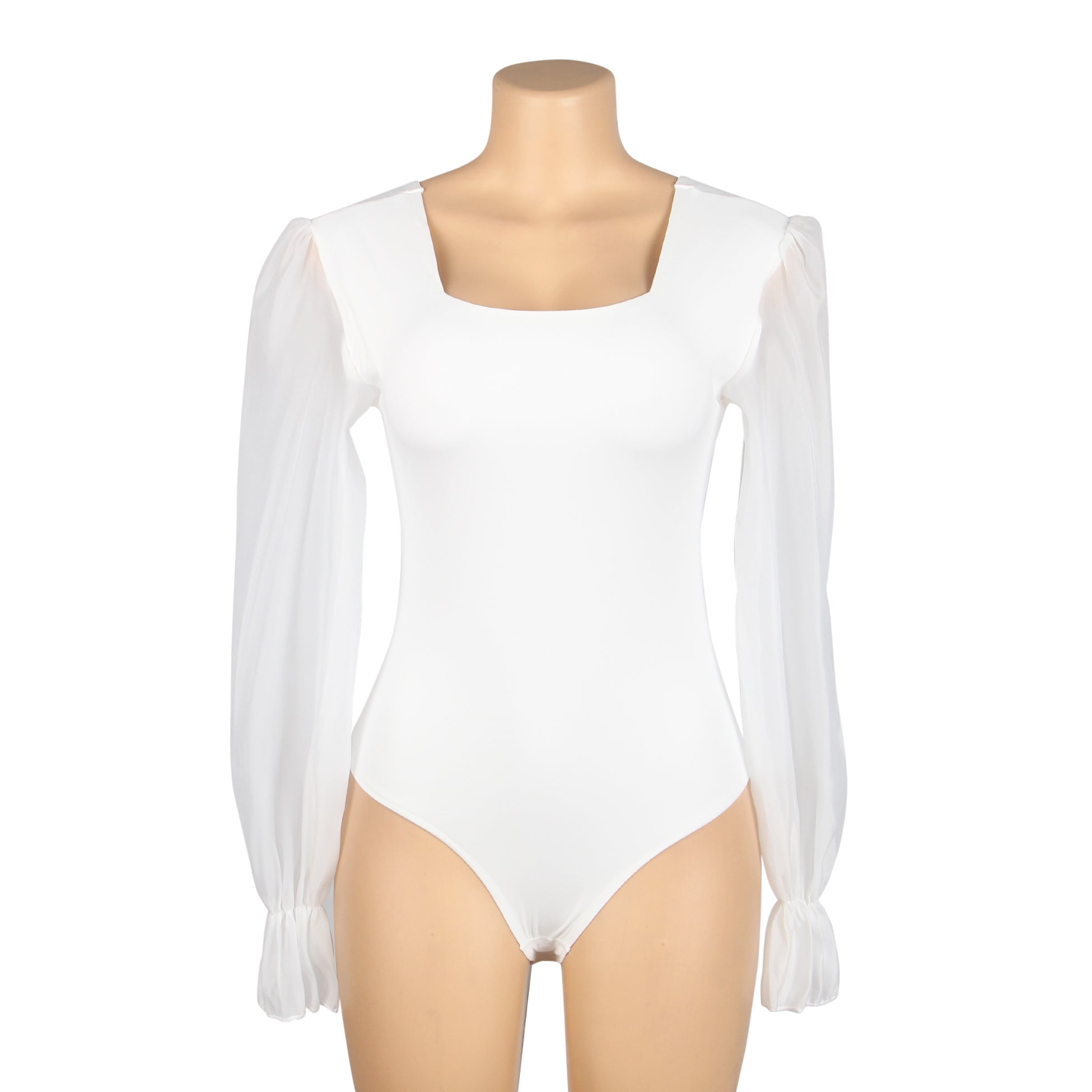 White Sexy Swim Cloth Chiffon Puff Sleeves Square Neck Open Crotch Bodysuit - TeaseFashion